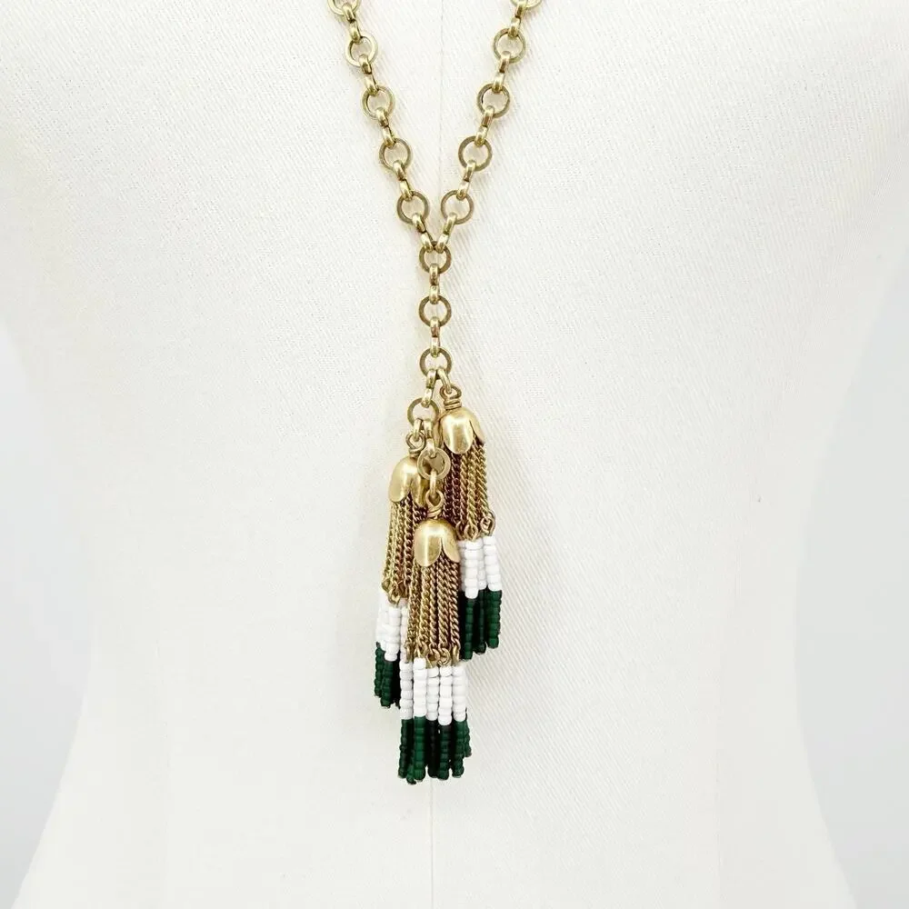 J. Crew Gold Tassel Necklace Beaded Pendant Long‎ Chain Boho Statement Coastal